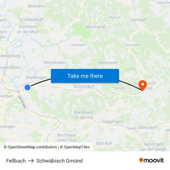 Fellbach to Schwäbisch Gmünd map