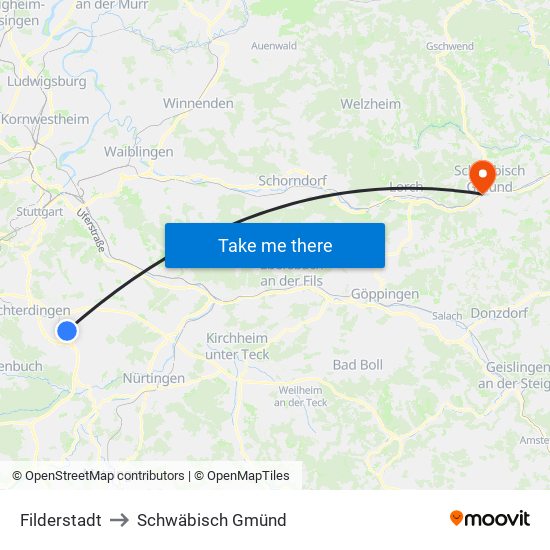 Filderstadt to Schwäbisch Gmünd map