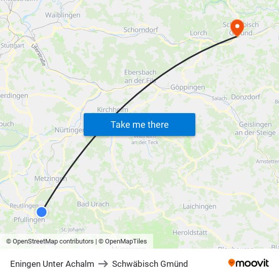 Eningen Unter Achalm to Schwäbisch Gmünd map