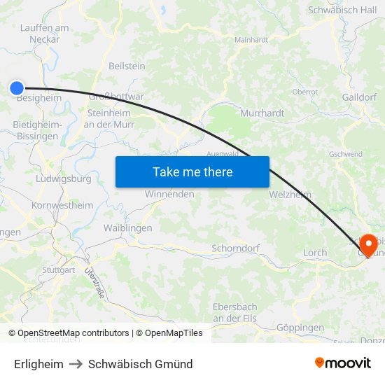 Erligheim to Schwäbisch Gmünd map