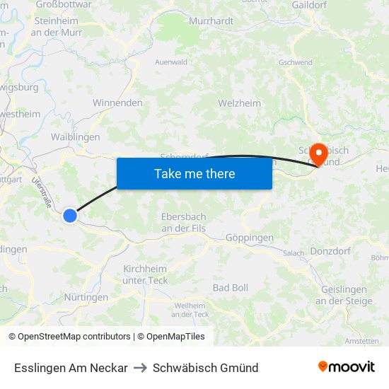 Esslingen Am Neckar to Schwäbisch Gmünd map