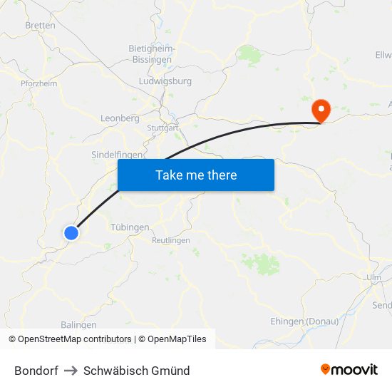 Bondorf to Schwäbisch Gmünd map