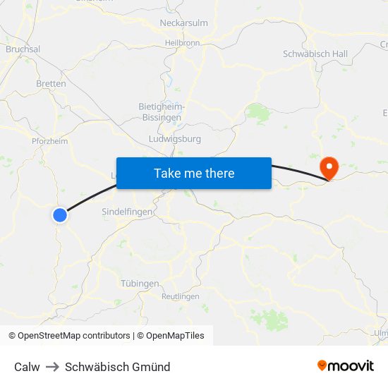 Calw to Schwäbisch Gmünd map