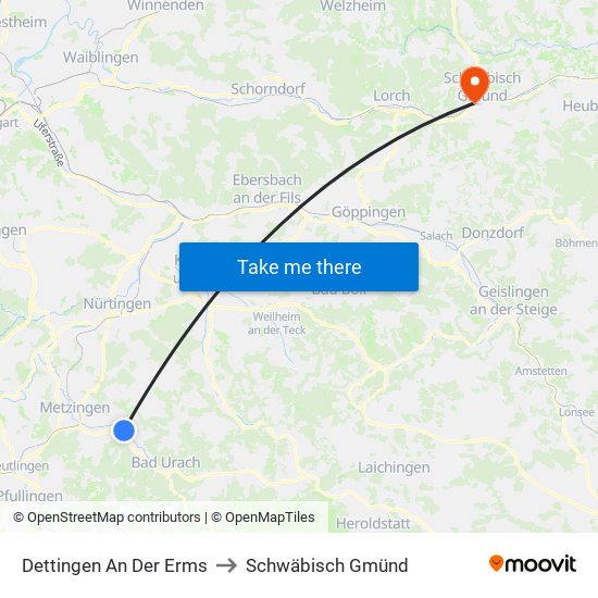 Dettingen An Der Erms to Schwäbisch Gmünd map