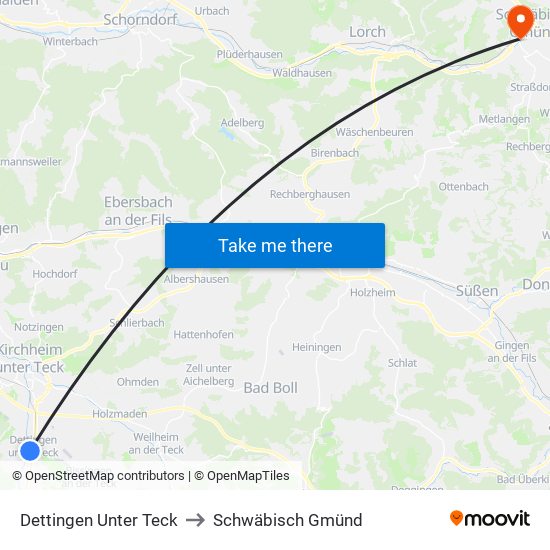 Dettingen Unter Teck to Schwäbisch Gmünd map