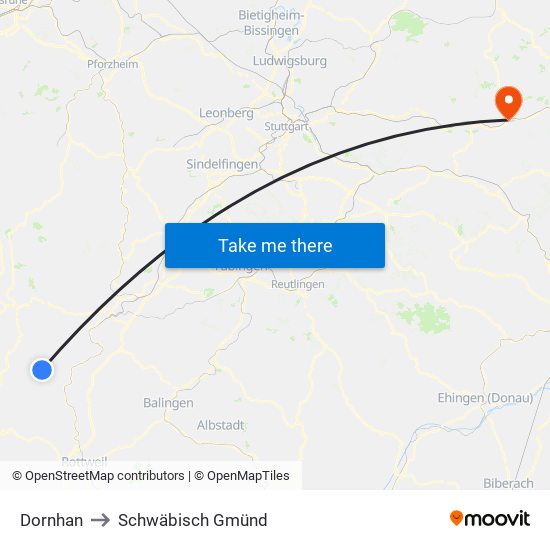 Dornhan to Schwäbisch Gmünd map