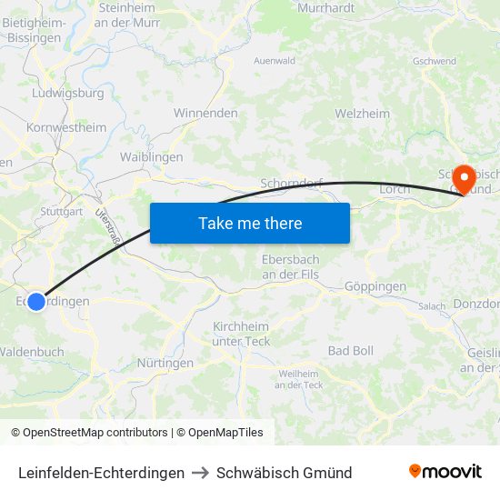 Leinfelden-Echterdingen to Schwäbisch Gmünd map