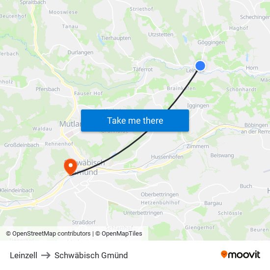 Leinzell to Schwäbisch Gmünd map