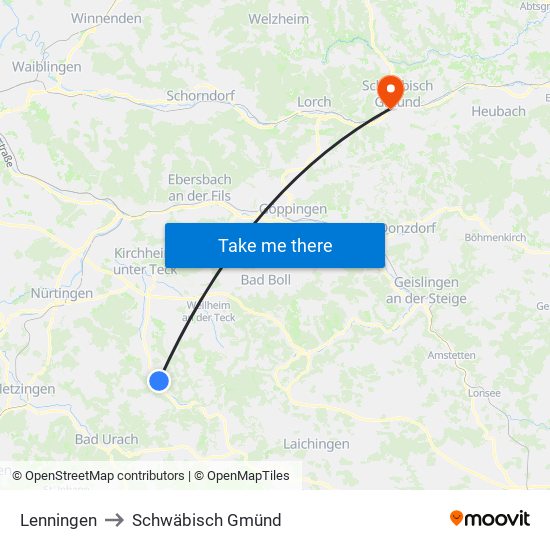 Lenningen to Schwäbisch Gmünd map