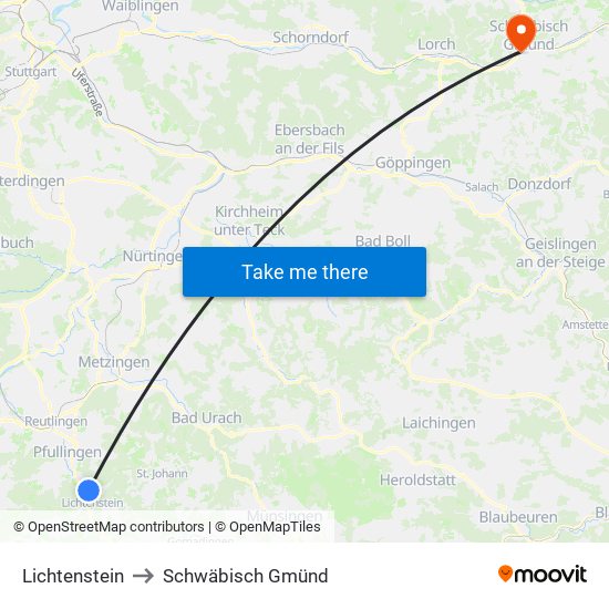 Lichtenstein to Schwäbisch Gmünd map