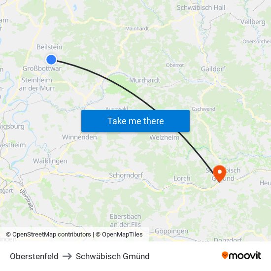 Oberstenfeld to Schwäbisch Gmünd map