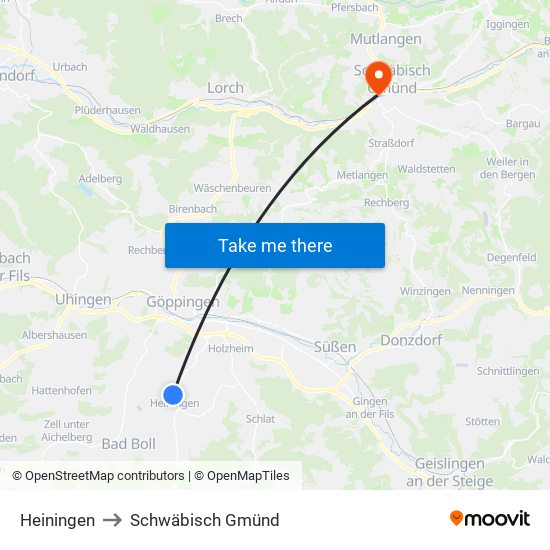 Heiningen to Schwäbisch Gmünd map