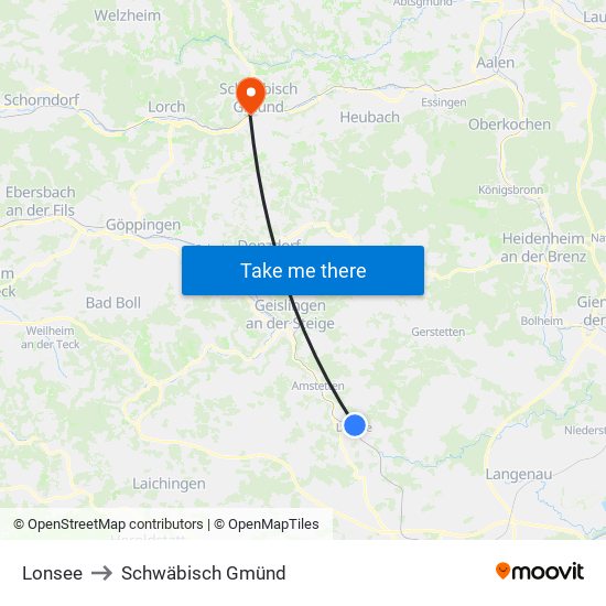 Lonsee to Schwäbisch Gmünd map