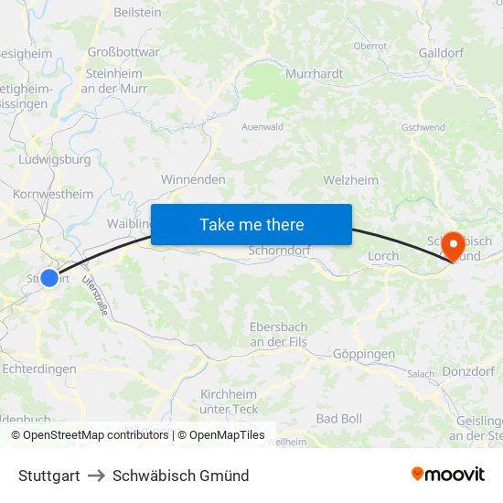 Stuttgart to Schwäbisch Gmünd map