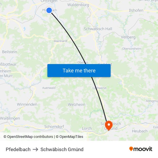 Pfedelbach to Schwäbisch Gmünd map