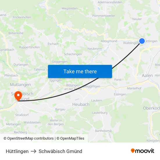 Hüttlingen to Schwäbisch Gmünd map