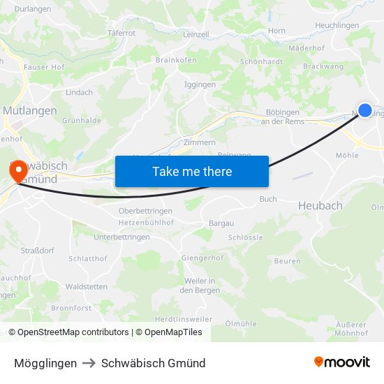 Mögglingen to Schwäbisch Gmünd map