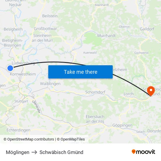 Möglingen to Schwäbisch Gmünd map