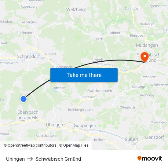 Uhingen to Schwäbisch Gmünd map