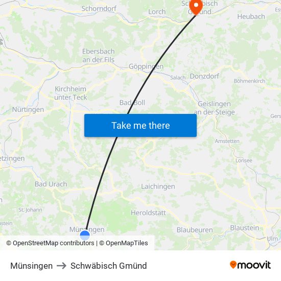 Münsingen to Schwäbisch Gmünd map