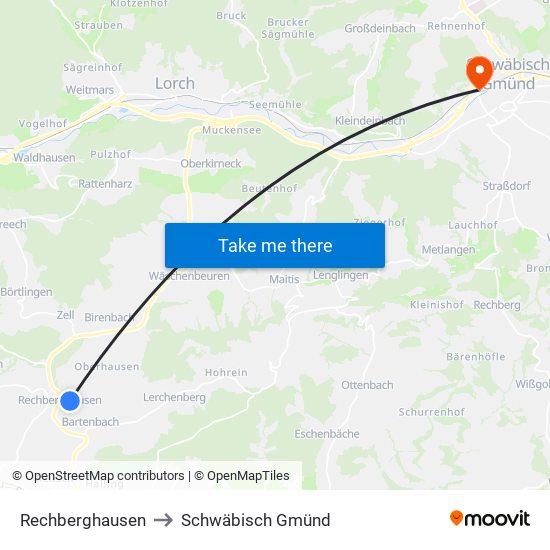 Rechberghausen to Schwäbisch Gmünd map