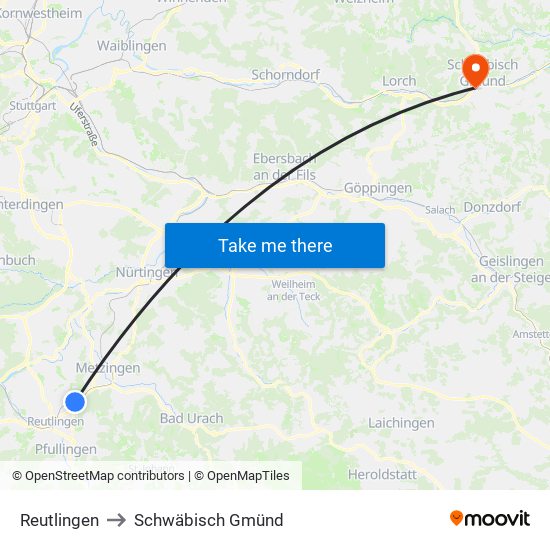 Reutlingen to Schwäbisch Gmünd map