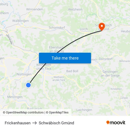 Frickenhausen to Schwäbisch Gmünd map