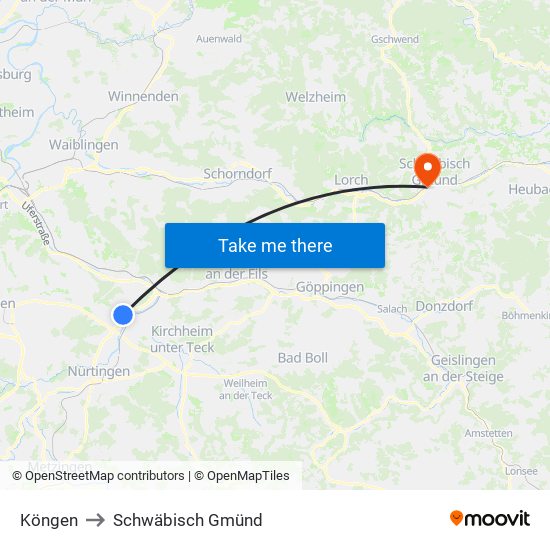 Köngen to Schwäbisch Gmünd map