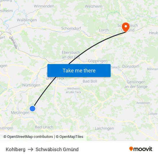 Kohlberg to Schwäbisch Gmünd map