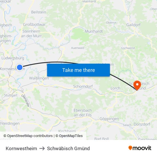 Kornwestheim to Schwäbisch Gmünd map