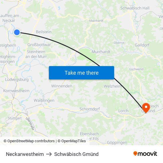 Neckarwestheim to Schwäbisch Gmünd map