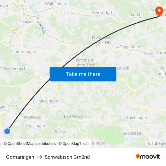 Gomaringen to Schwäbisch Gmünd map