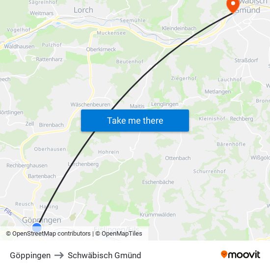 Göppingen to Schwäbisch Gmünd map