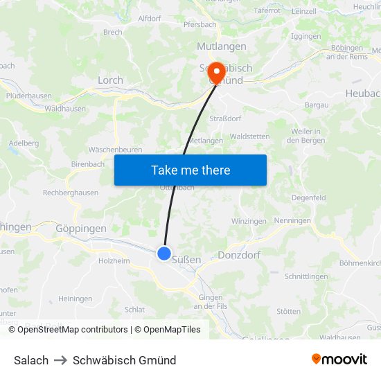Salach to Schwäbisch Gmünd map