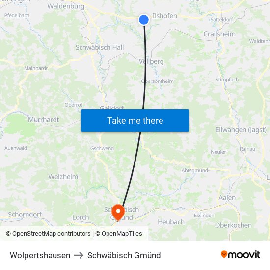 Wolpertshausen to Schwäbisch Gmünd map