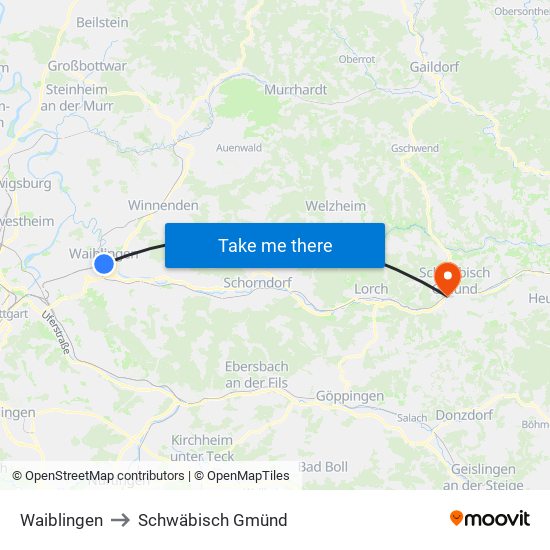 Waiblingen to Schwäbisch Gmünd map