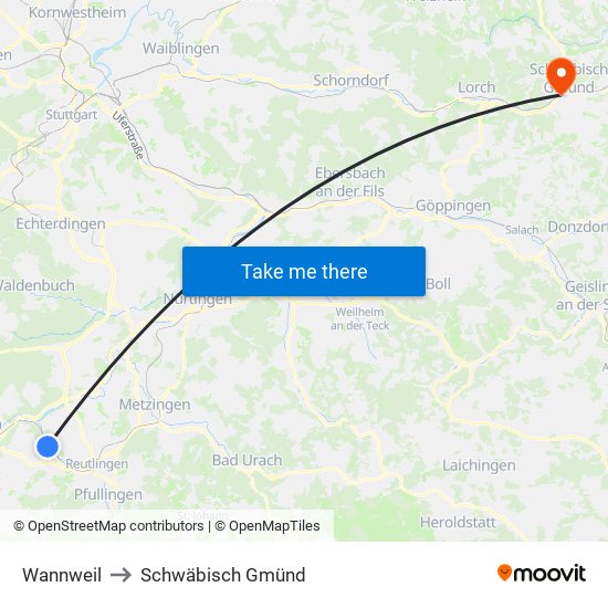 Wannweil to Schwäbisch Gmünd map