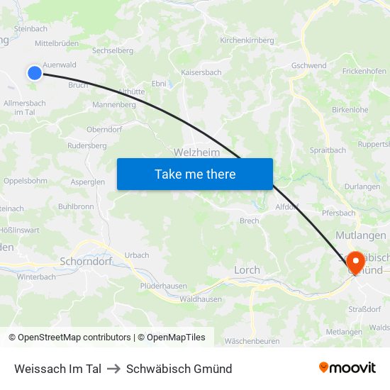 Weissach Im Tal to Schwäbisch Gmünd map