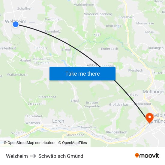 Welzheim to Schwäbisch Gmünd map