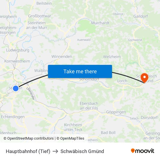 Hauptbahnhof (Tief) to Schwäbisch Gmünd map