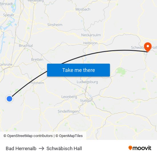 Bad Herrenalb to Schwäbisch Hall map