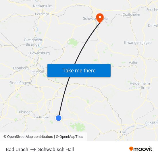 Bad Urach to Schwäbisch Hall map