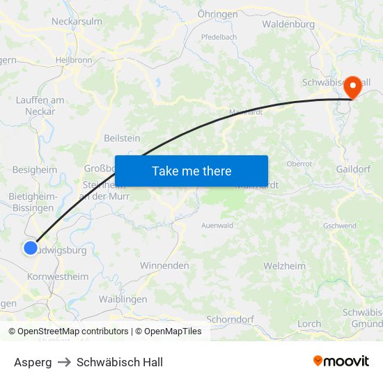 Asperg to Schwäbisch Hall map