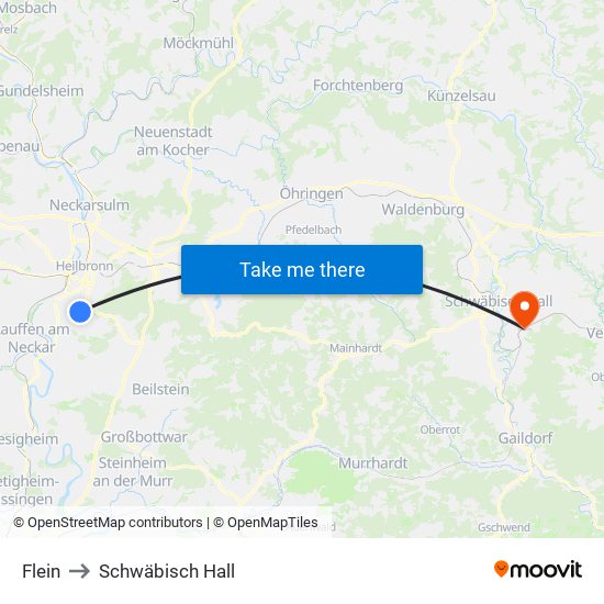 Flein to Schwäbisch Hall map