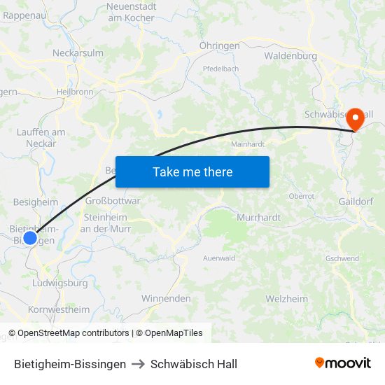 Bietigheim-Bissingen to Schwäbisch Hall map