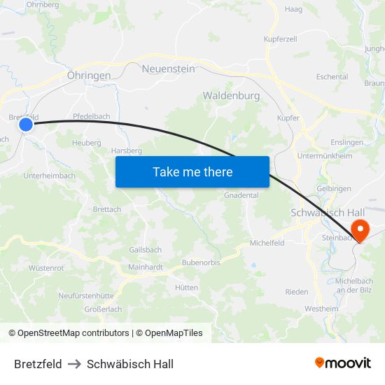 Bretzfeld to Schwäbisch Hall map