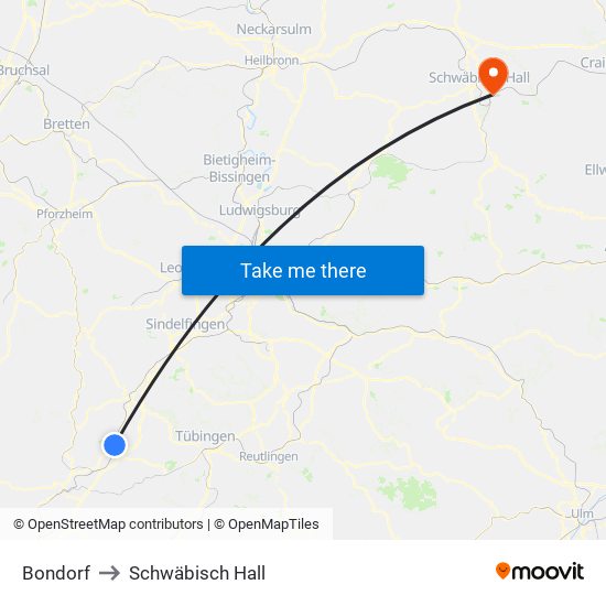 Bondorf to Schwäbisch Hall map