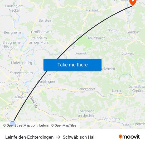 Leinfelden-Echterdingen to Schwäbisch Hall map