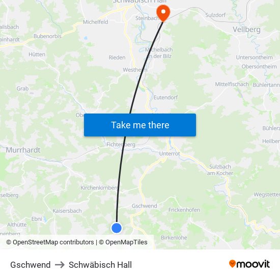 Gschwend to Schwäbisch Hall map