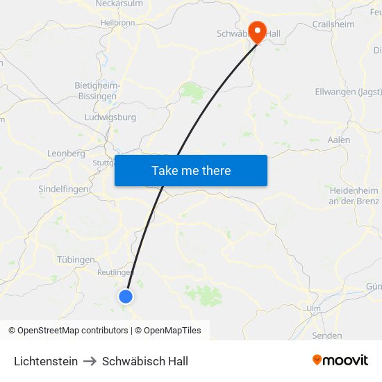 Lichtenstein to Schwäbisch Hall map